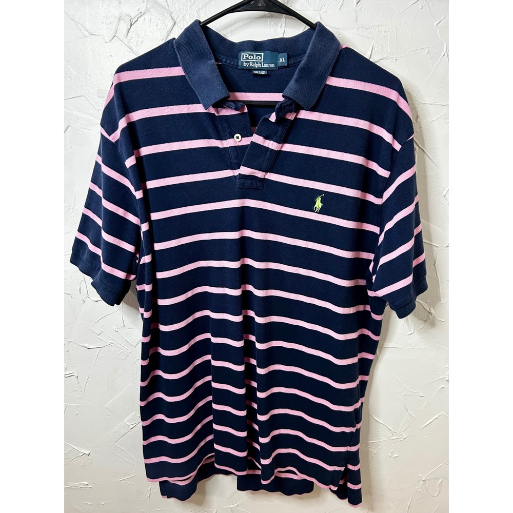 Polo Ralph Lauren Mens XL Navy Blue Pink Striped Short Sleeve Polo Shirt Green - Picture 1 of 4